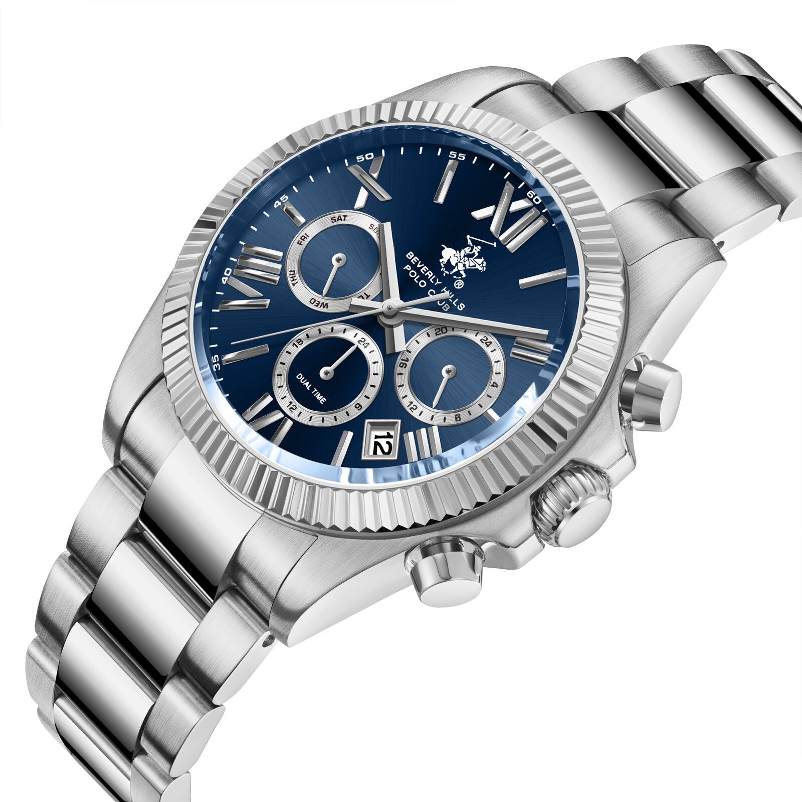 Beverly Hills Polo Club BP3874X.390 angled view showcasing blue dial with Roman numerals and multifunction chronograph