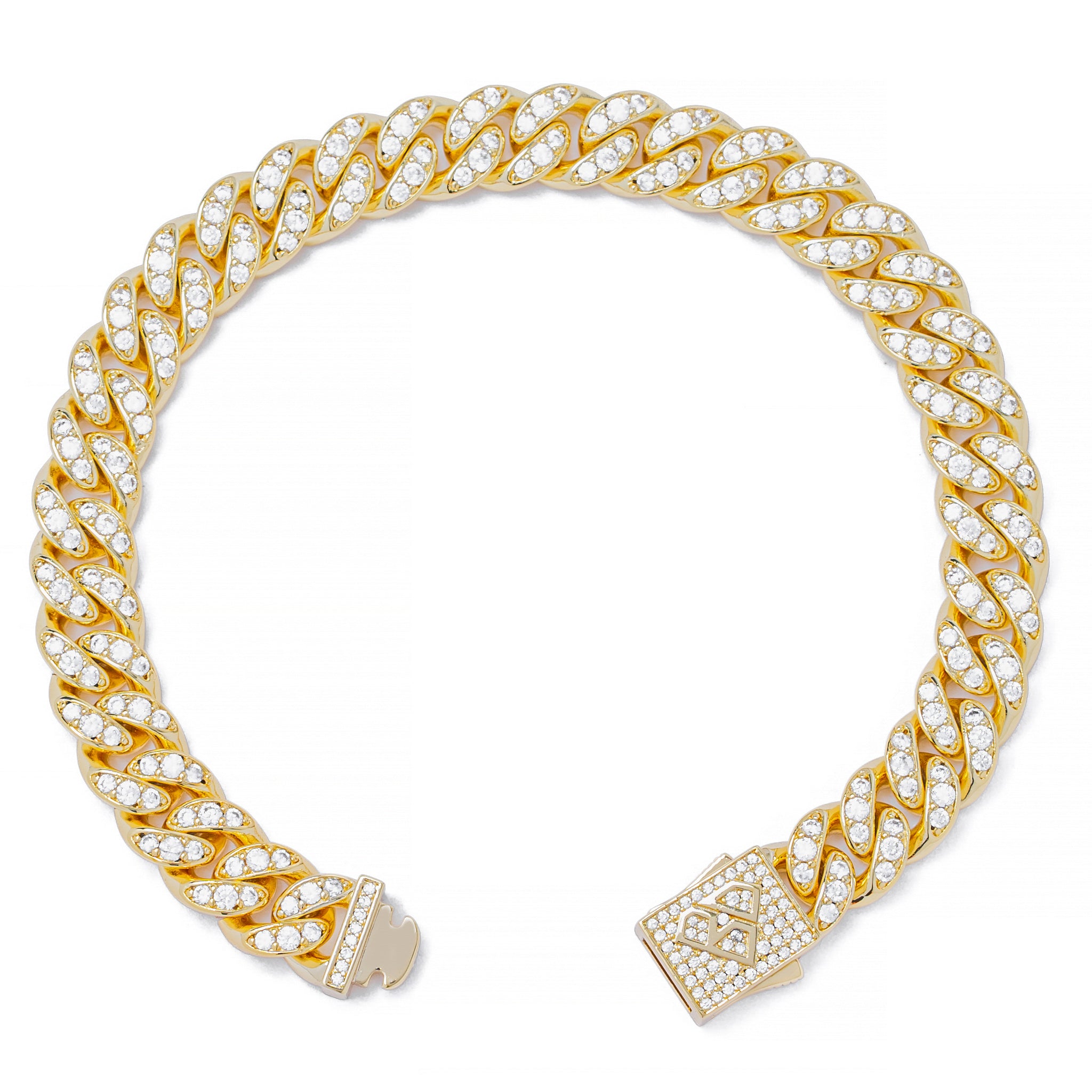 10MM Cuban link gold bracelet at angle showing diamond encrusted design and lobster clasp