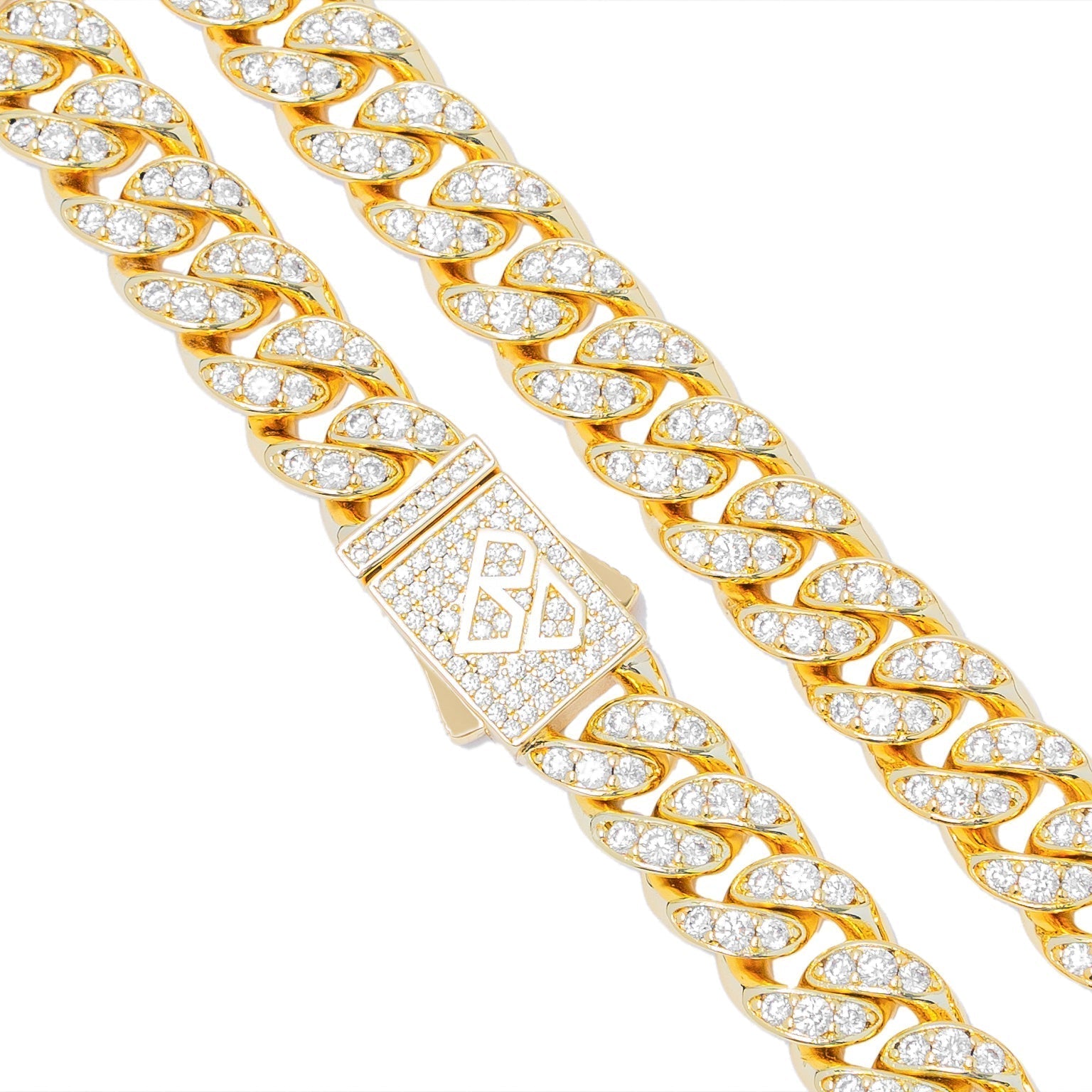 Close-up of 10MM Cuban link chain showing cubic zirconia pave and branded clasp
