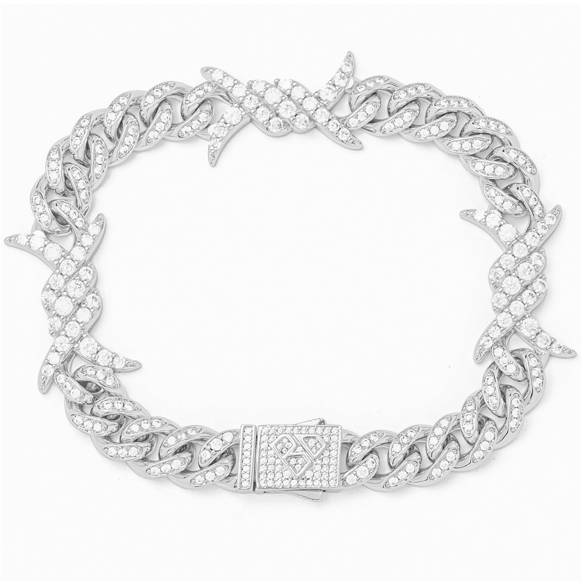 10MM Big Daddy spiked horns iced out silver bracelet with curb links and diamond-encrusted spikes