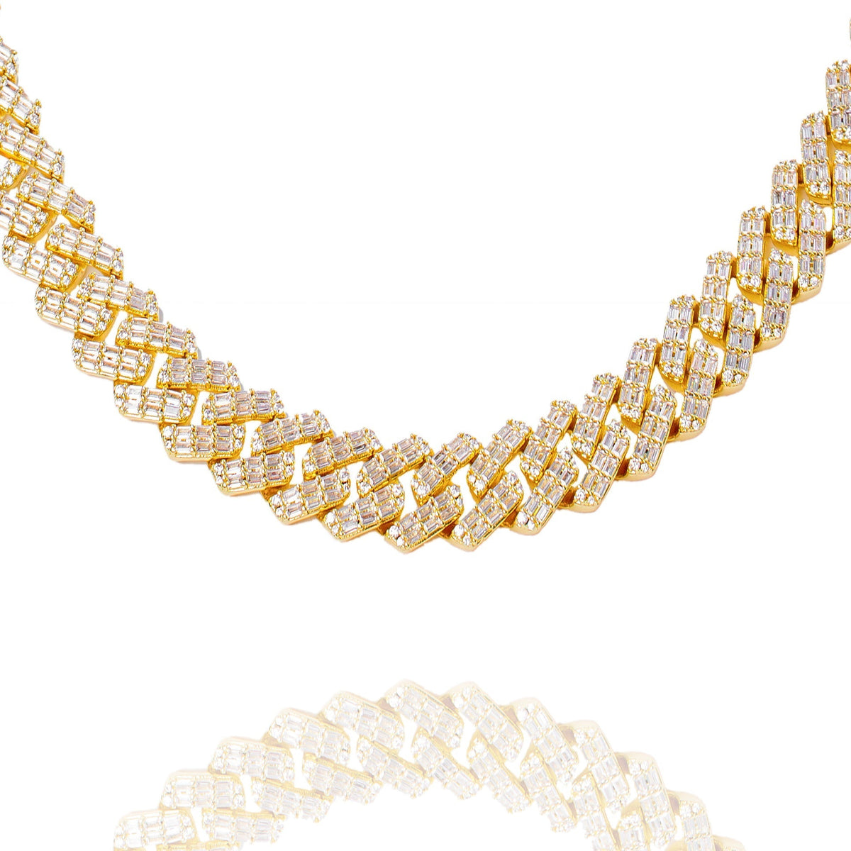 12MM gold Cuban chain with baguette diamonds in prong settings, full length view
