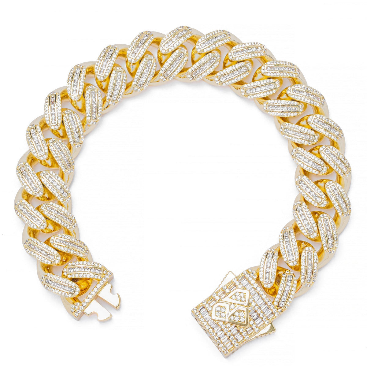 Gold Cuban link bracelet with baguette-cut crystals and ornate clasp detail, angled view