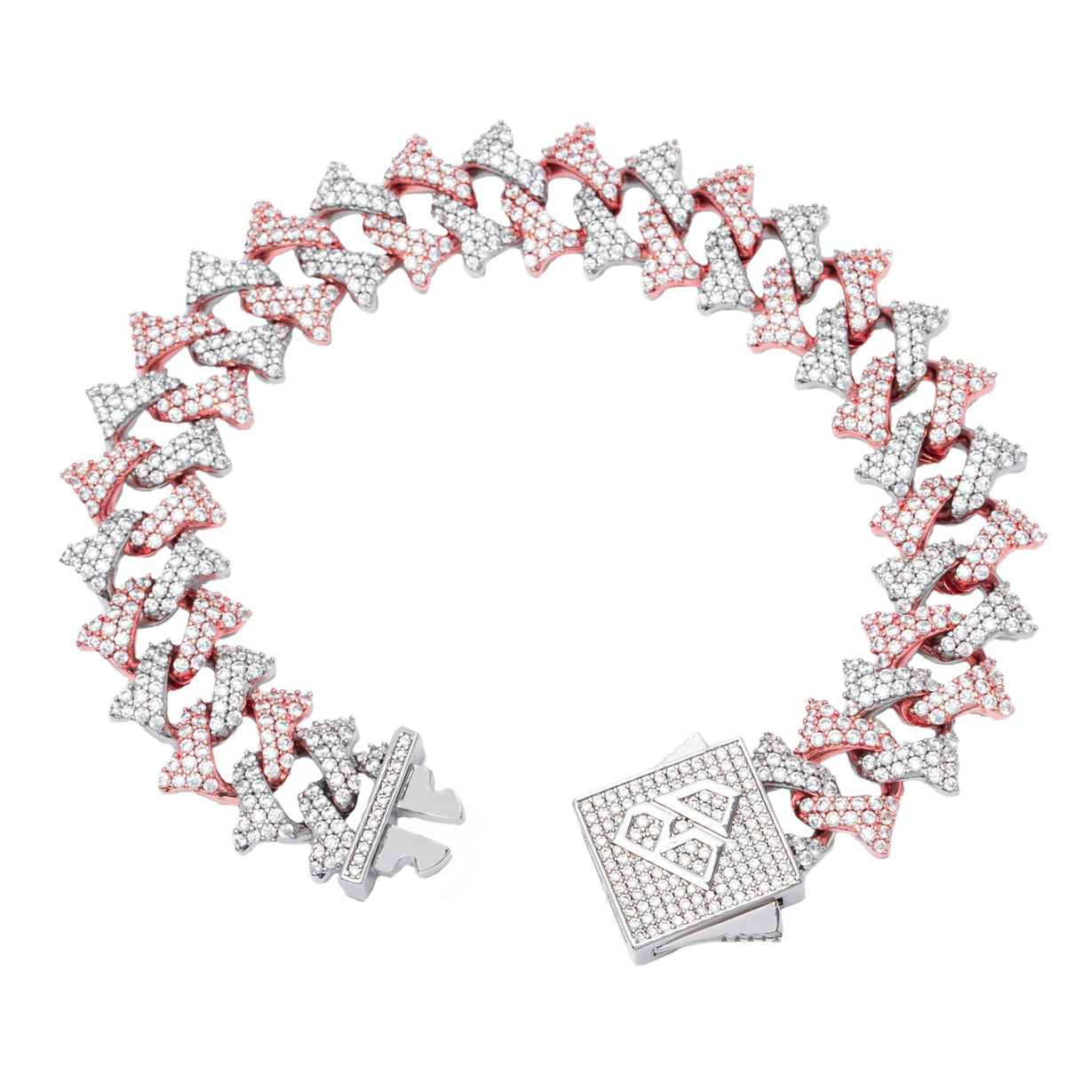 Big Daddy 18MM bracelet angled view showing spiked design and diamond pave with box clasp detail