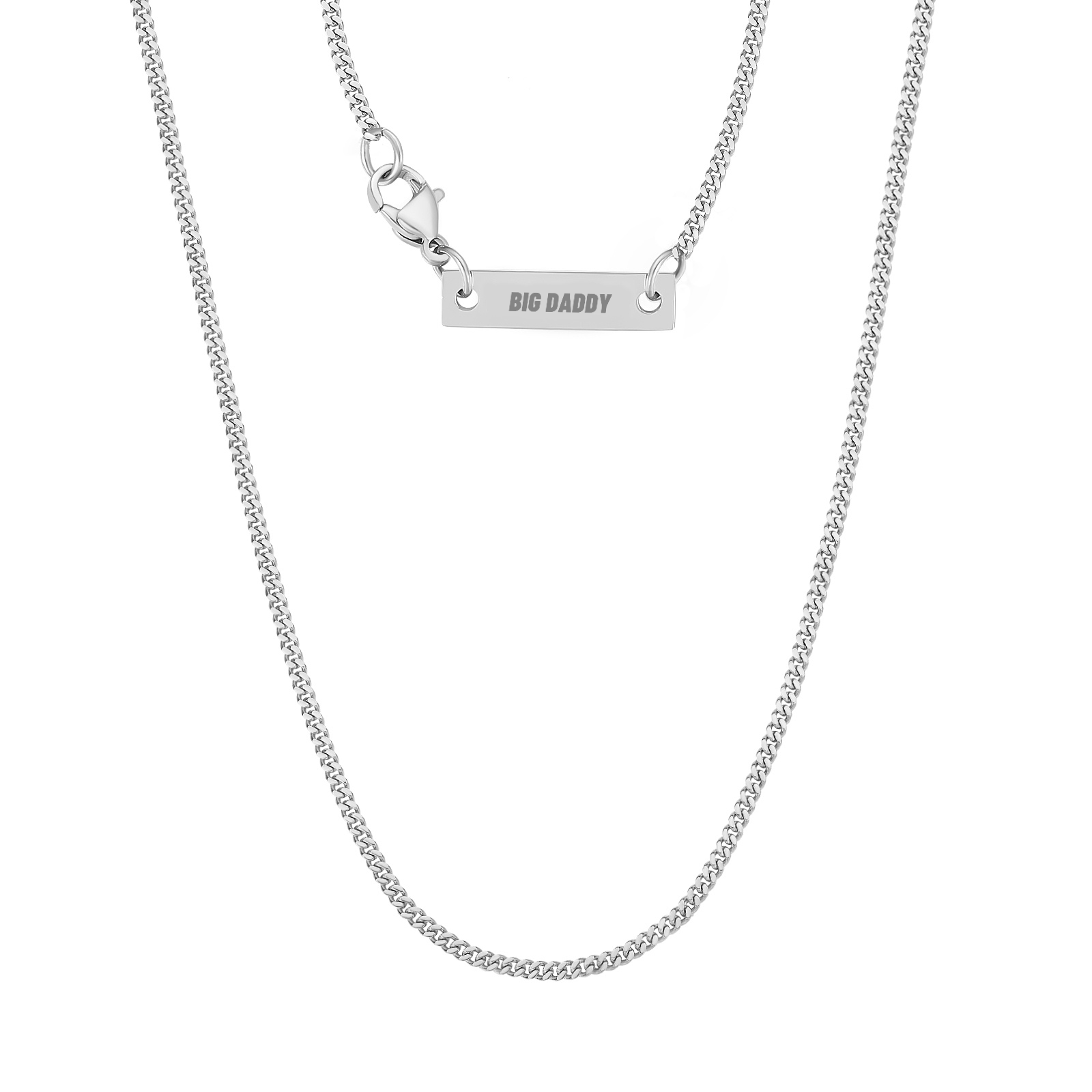Big Daddy 2mm Cuban silver chain with engraved plate pendant and lobster clasp