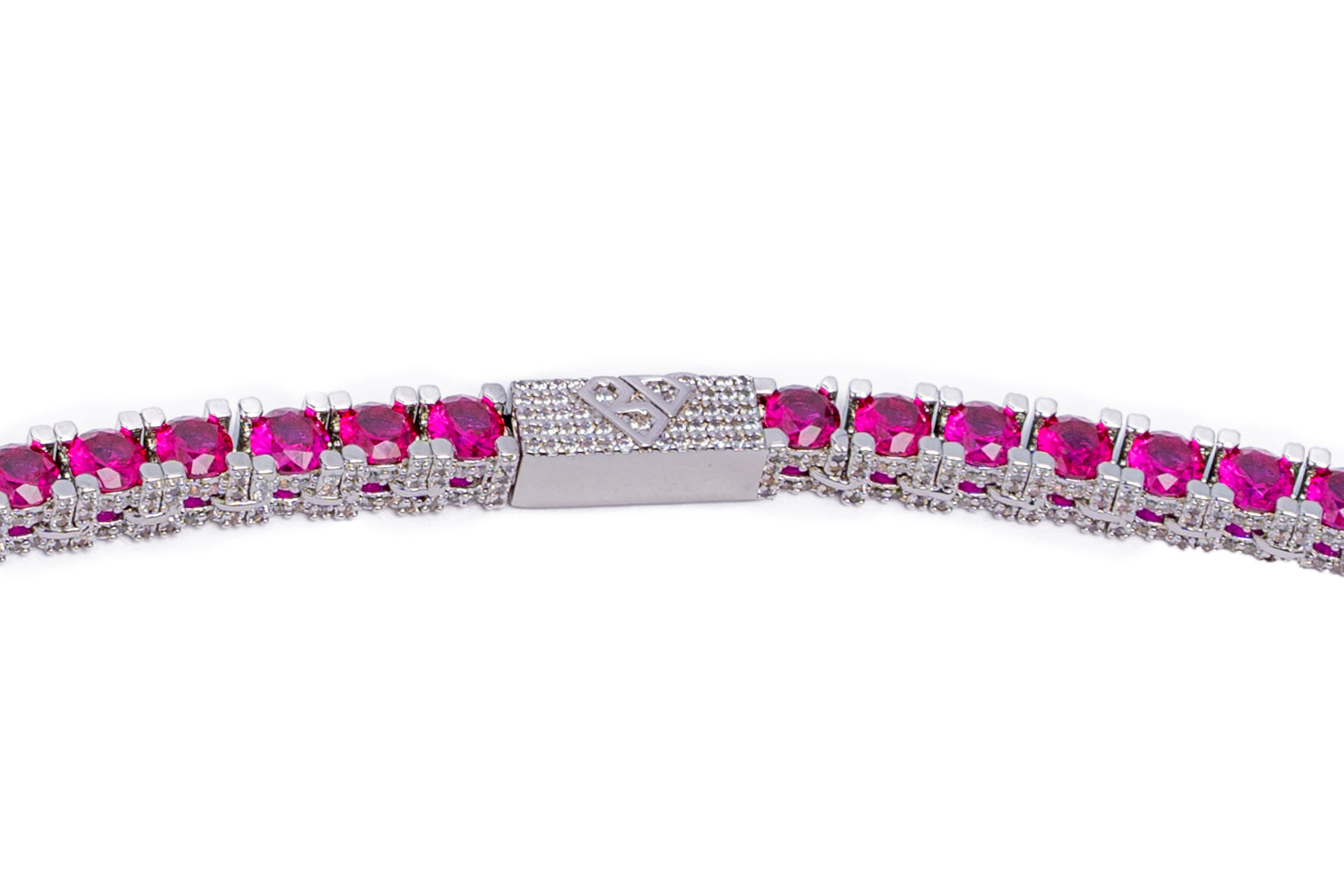 Side view of silver ruby tennis chain showing clasp mechanism and stone arrangement