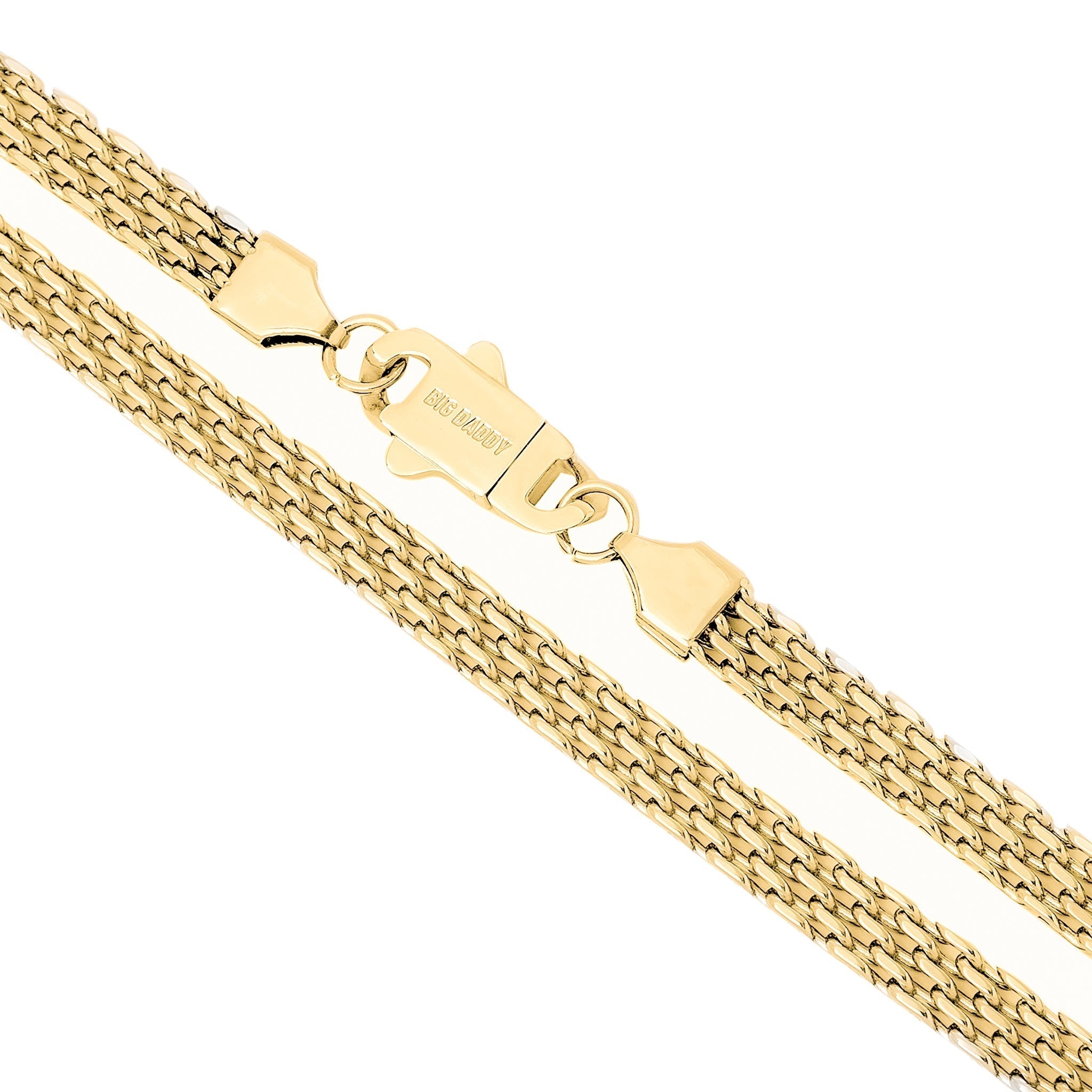 Gold herringbone chain clasp and link detail showing lobster closure mechanism