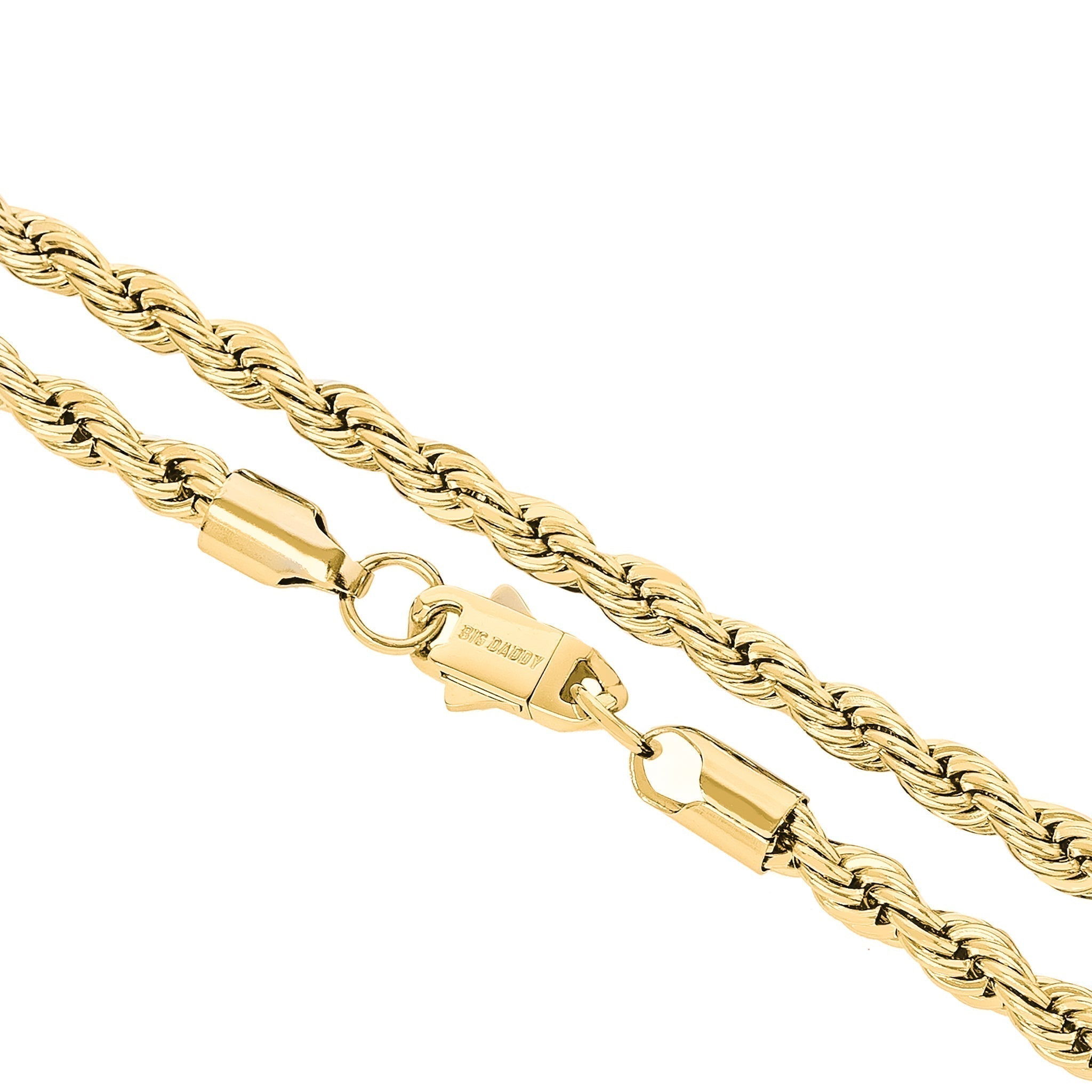 Close-up of gold rope chain clasp and link details