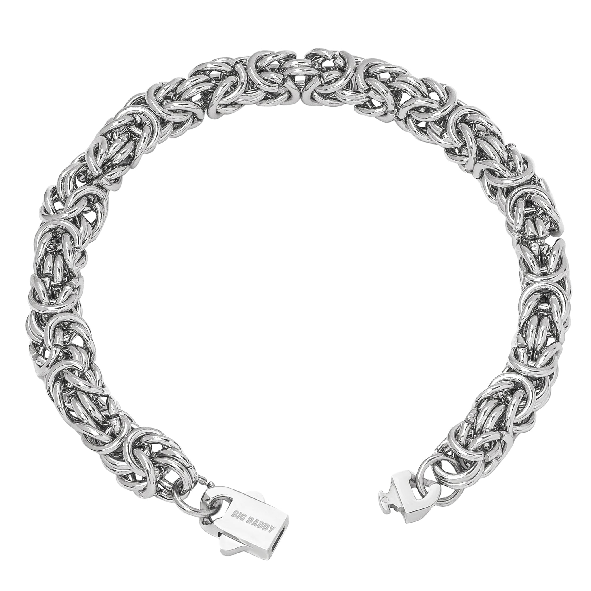8MM Byzantine link silver steel bracelet shown at angle with box clasp closure
