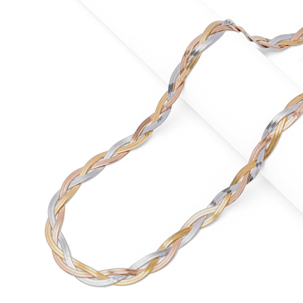 8MM two-tone herringbone chain laid out showing flat woven pattern