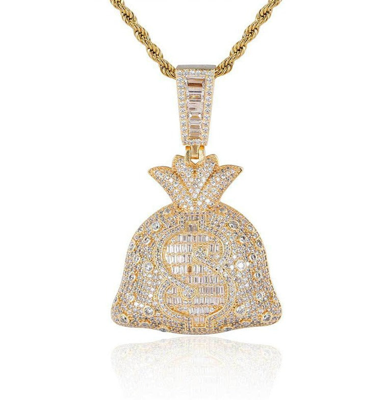 Gold-tone iced out dollar money bag pendant with cubic zirconia stones and rope chain