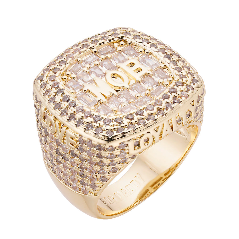 Big Daddy MOB iced out baguette CZ ring with gold-plated finish and cubic zirconia stones
