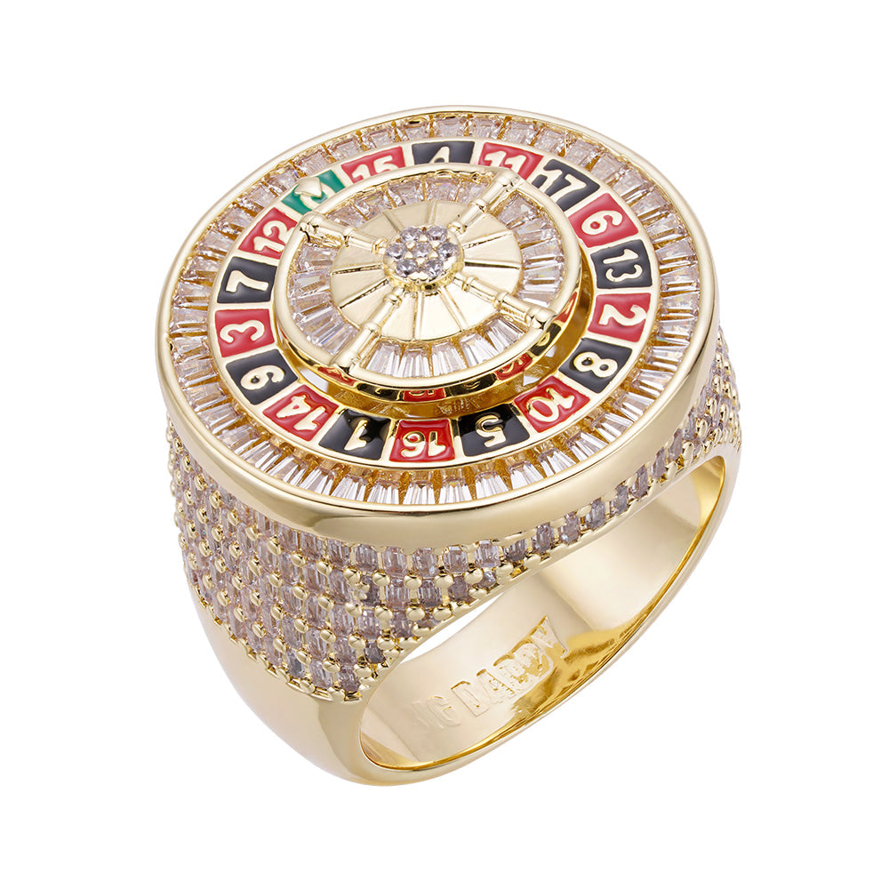 Gold roulette wheel ring with baguette CZ stones and colorful enamel wheel bezel, front view