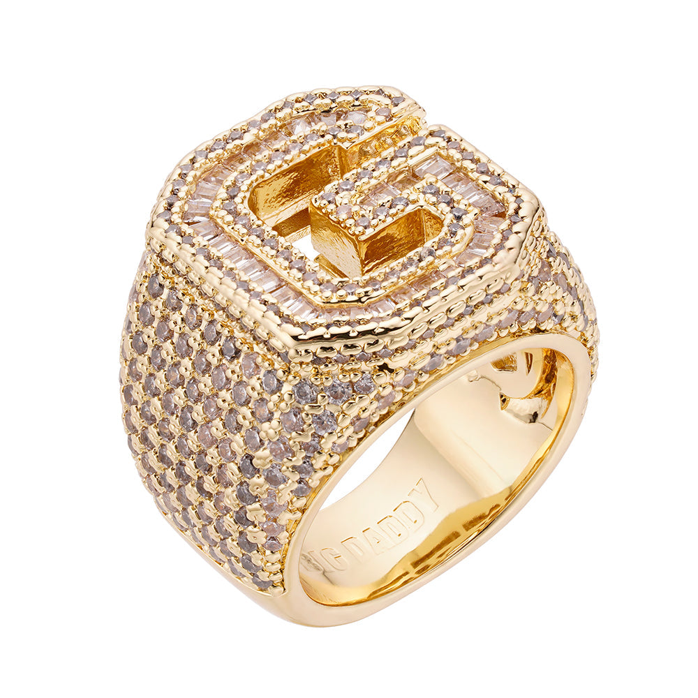 Gold iced out baguette diamond ring with full diamond coverage on band