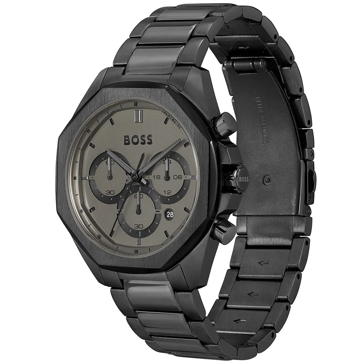 BOSS 1514016 chronograph watch three-quarter view showing black steel case and matching bracelet