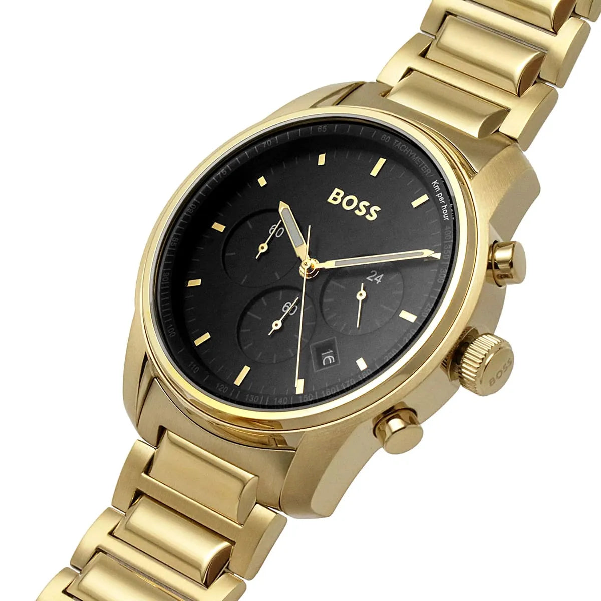 Hugo BOSS Trace chronograph with gold case at angle showing black dial and bracelet