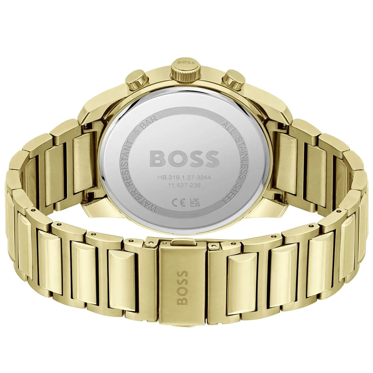 Hugo BOSS Trace caseback with engraved BOSS logo and watch specifications
