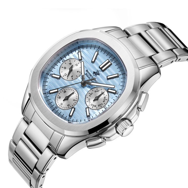Beverly Hills Polo Club BP3212X.300 watch angled view showing blue dial and silver metal bracelet