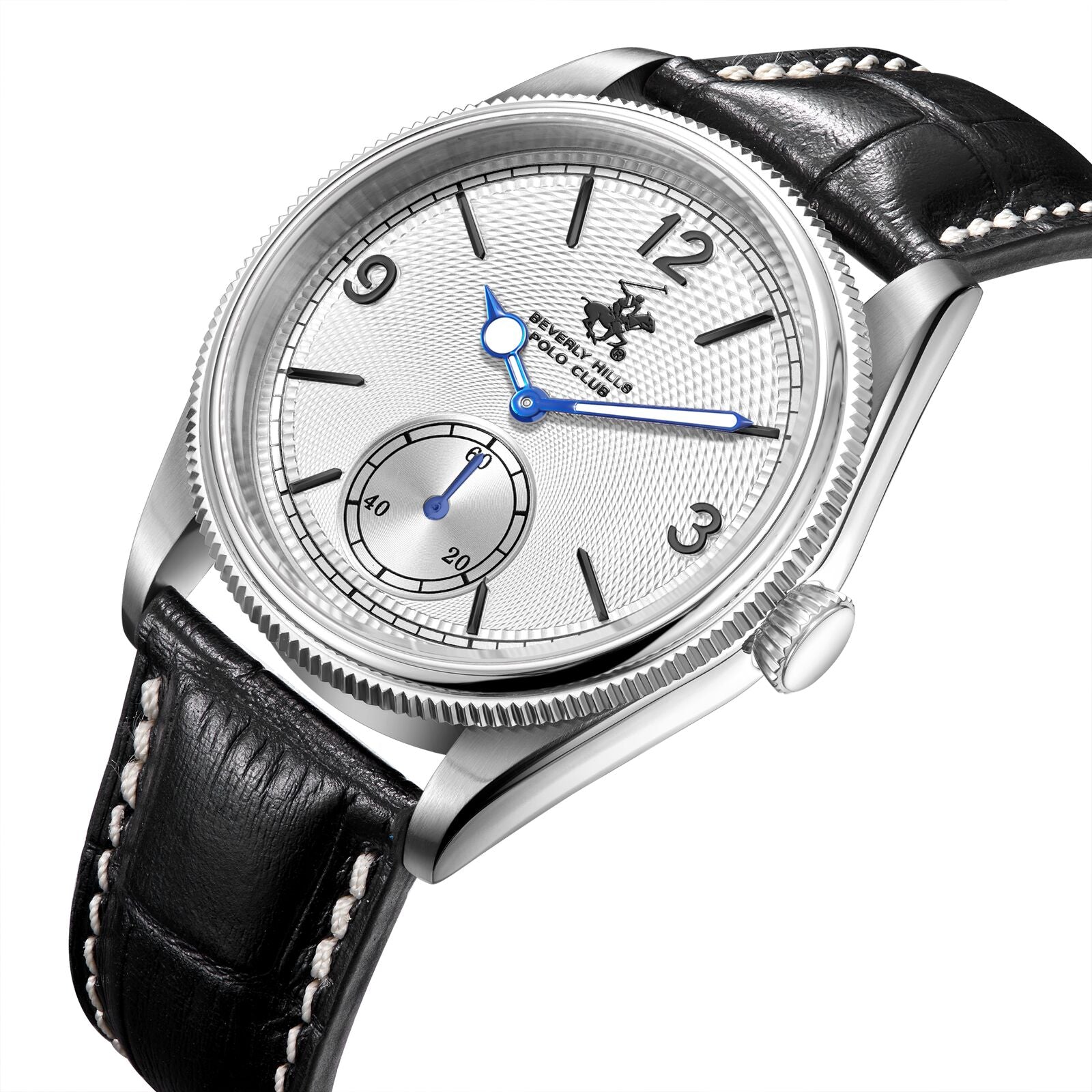 Beverly Hills Polo Club watch showing angle view with blue hands and subdial detail