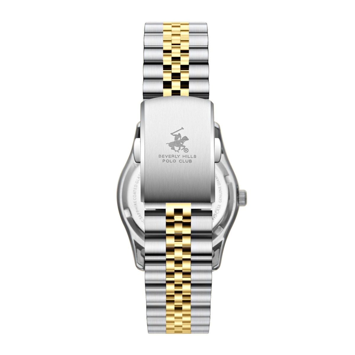 Beverly Hills Polo Club watch caseback showing two-tone bracelet and engraved back