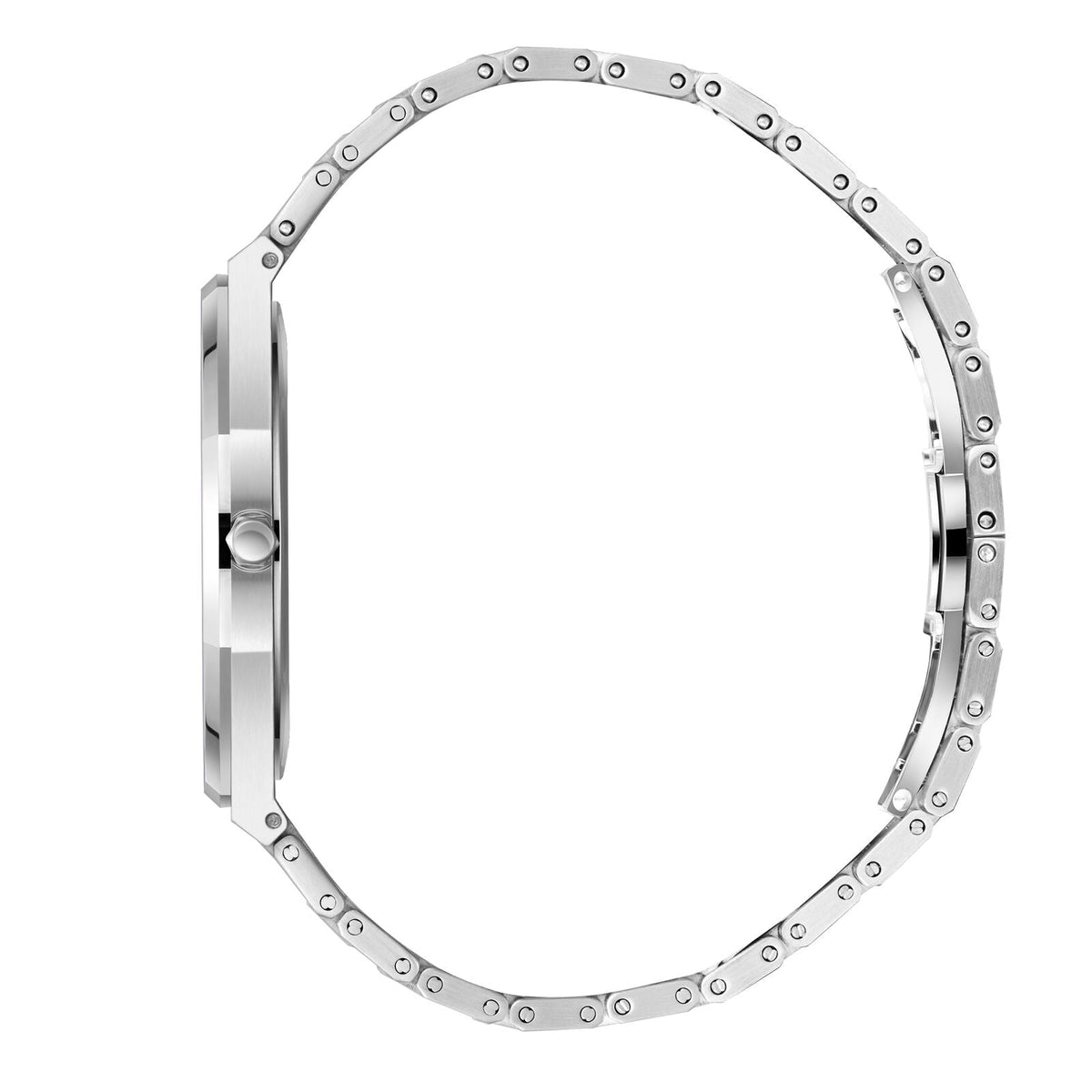 Side profile of silver Slim Tech 5 watch showing link bracelet