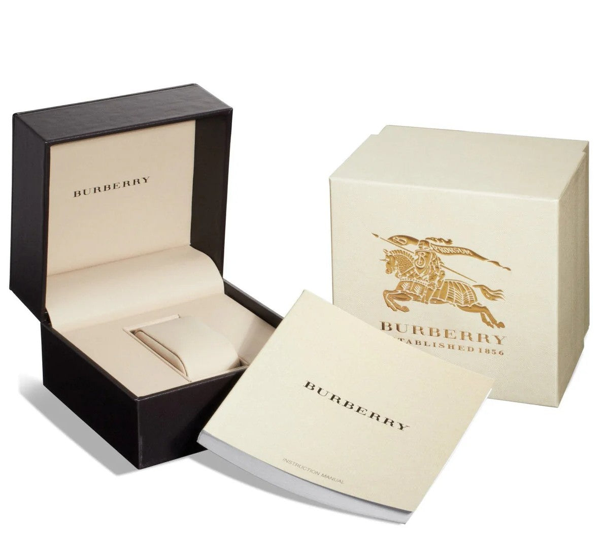 Burberry watch packaging with black leather case, cream box, and branded pouch