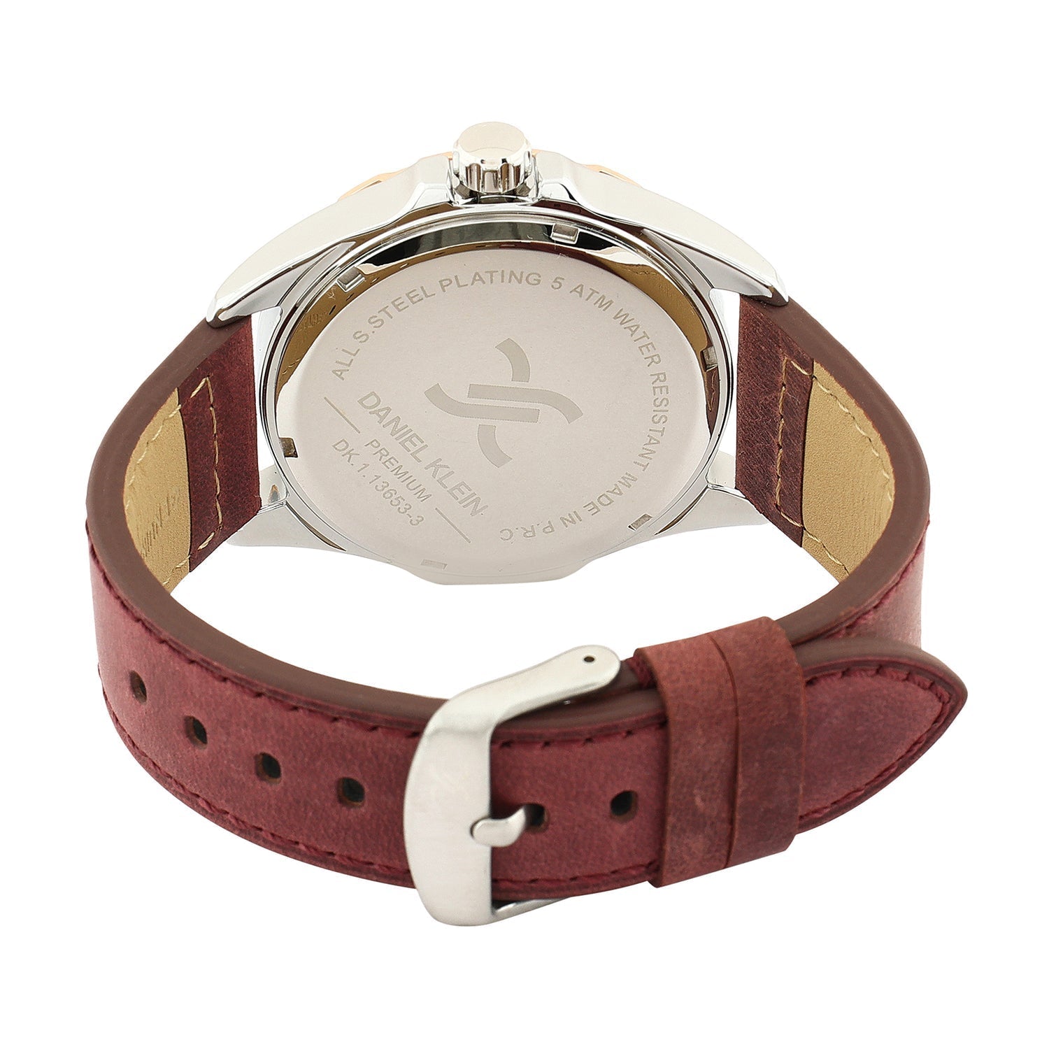 Caseback view of Daniel Klein watch with brown leather strap attachment detail