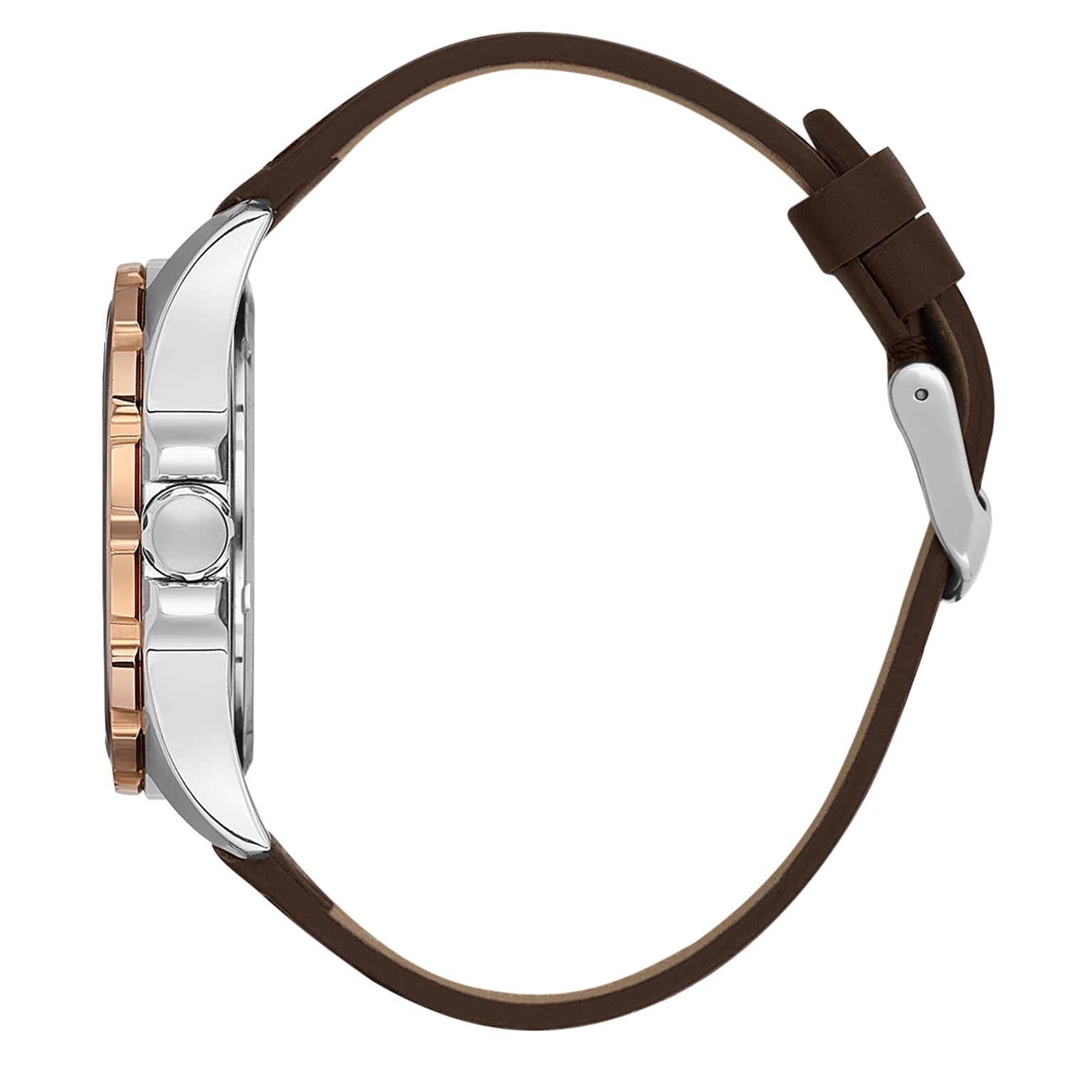 Side view of Daniel Klein watch showing two-tone case and brown leather strap