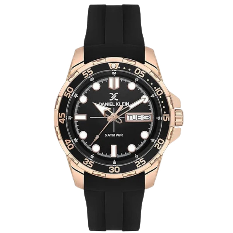 Daniel Klein Premium watch with black dial, rose gold case, day date window, and black silicone strap