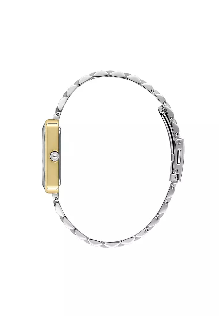 Side view of Daniel Klein two-tone rectangular watch showing profile and bracelet