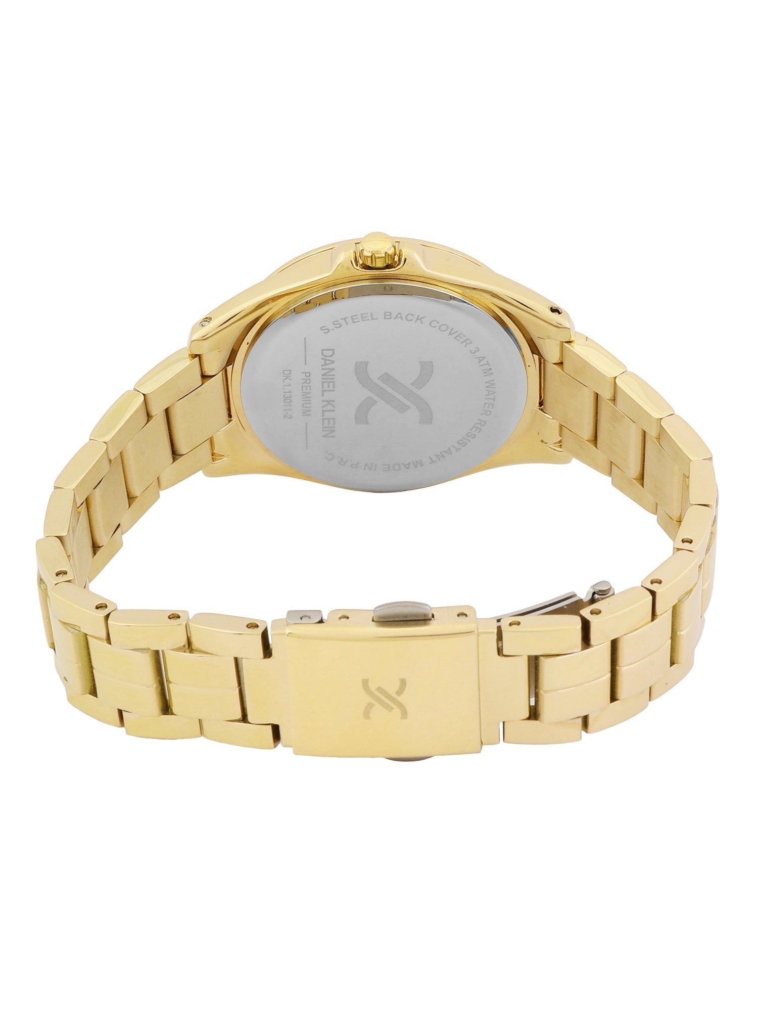 Daniel Klein Elite gold watch back view showing caseback and engravings