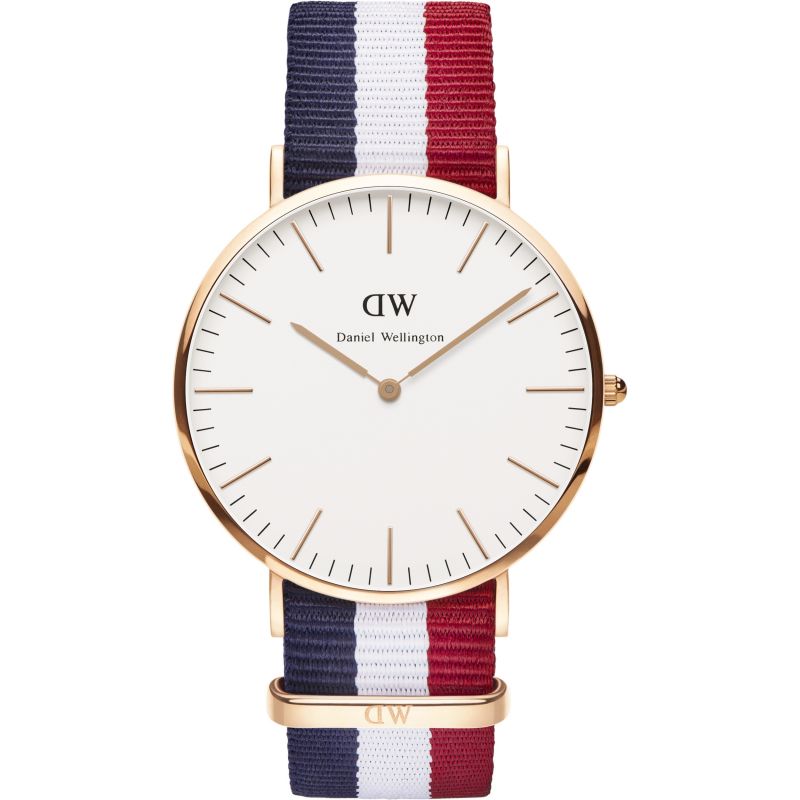 Daniel Wellington Cambridge 40mm gold watch with white dial and navy/white/red tricolour NATO strap