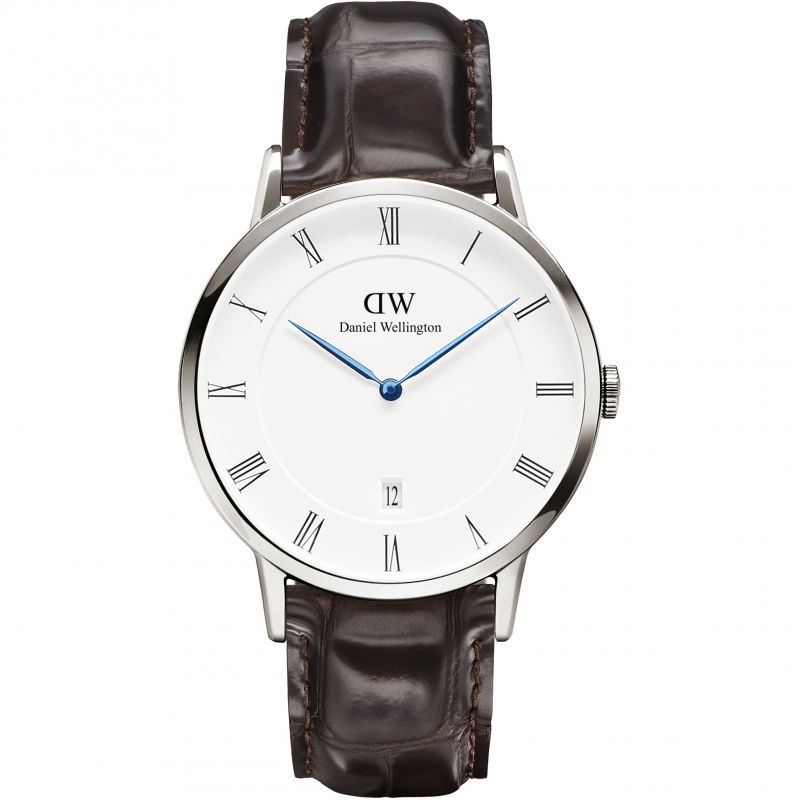 Daniel Wellington Dapper York 38mm silver watch with white dial, Roman numerals, and black leather strap