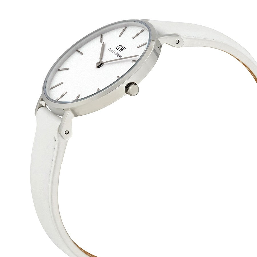 Daniel Wellington Petite Bondi 32mm watch angled view showing white leather strap and silver case
