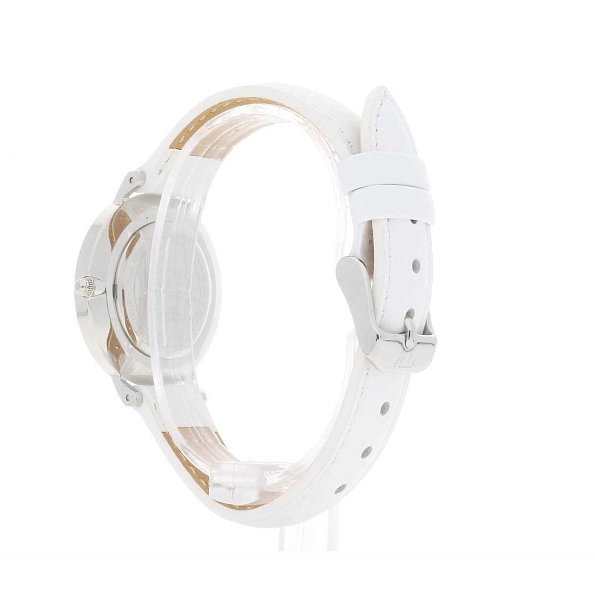 Daniel Wellington Petite Bondi 32mm watch side view showing white genuine leather strap and silver case