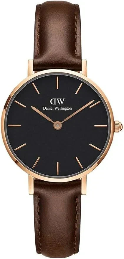 Daniel Wellington Petite Bristol 28mm Watch - Black Dial, Rose Gold Case, Brown Leather Strap - DW00100221