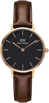 Daniel Wellington Petite St Mawes 32mm Watch Black Dial, Rose Gold Case, Brown Leather Strap- DW00100232