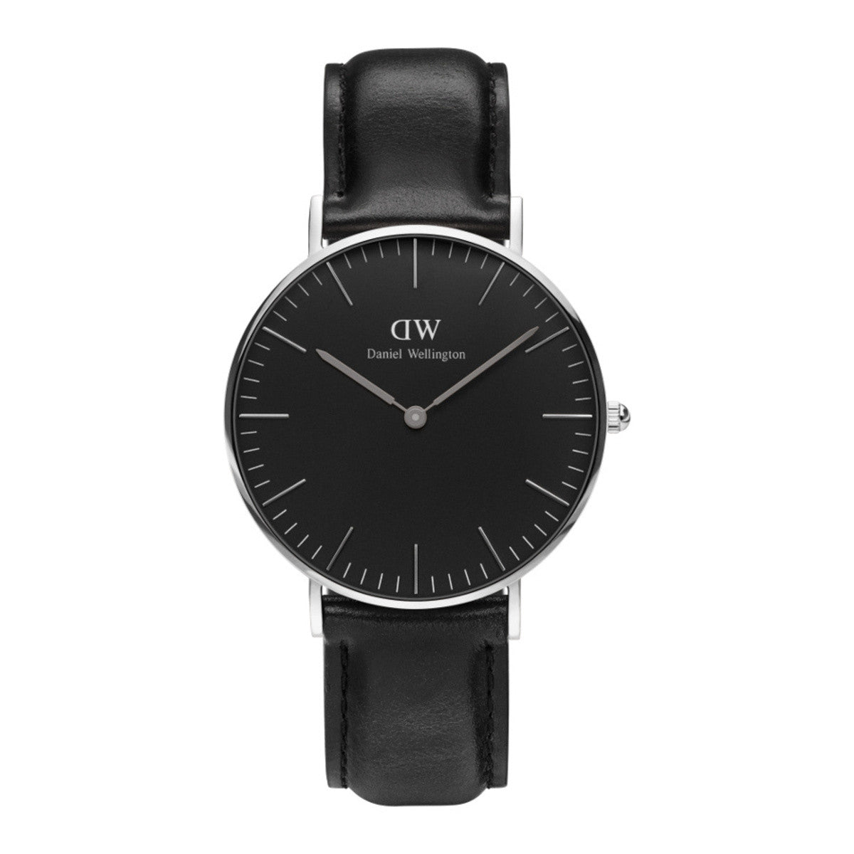Daniel Wellington Sheffield 36mm watch with black dial, silver case and black leather strap