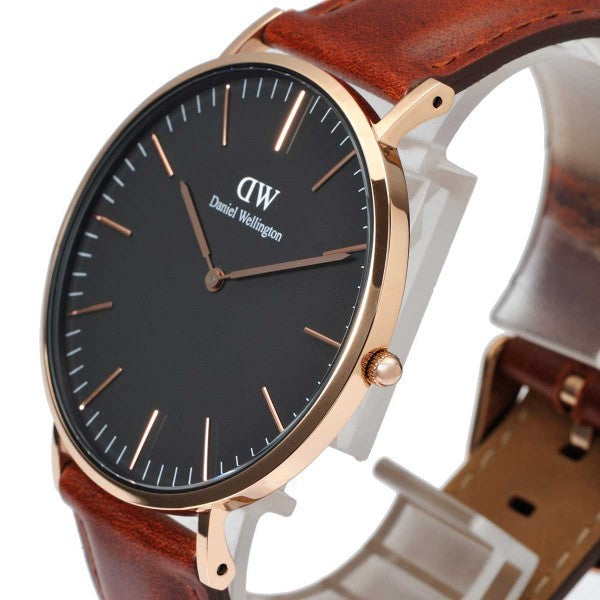 Daniel Wellington St Mawes 40mm Black Dial Brown Genuine Leather Men's Gold Watch - DW00100124