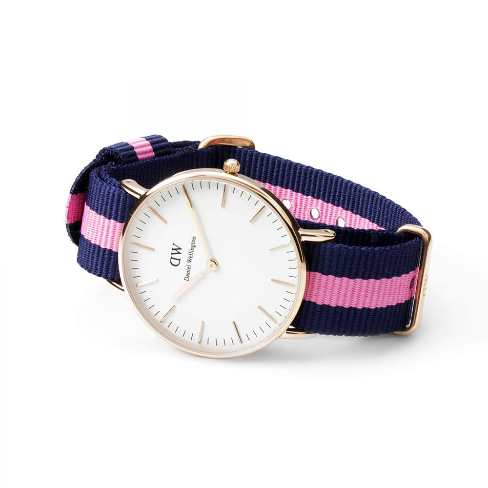 Winchester 36mm watch displayed on white background with striped fabric band
