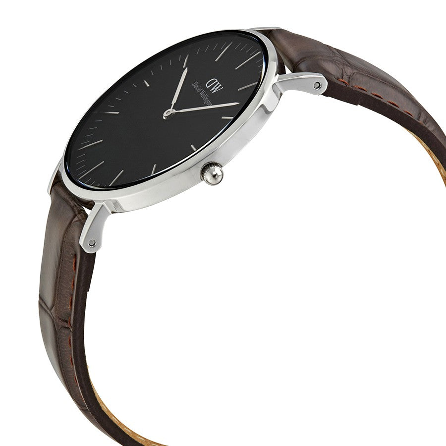 Daniel Wellington York 36mm watch angled view showing silver case and brown leather strap
