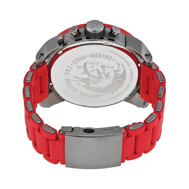 Diesel Big Daddy DZ7279 316L gunmetal stainless steel & red silicone link cover 30m water resistant 4 Time zones