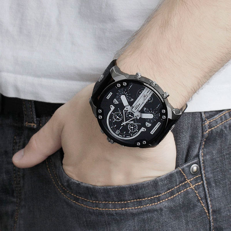 Diesel Big Daddy DZ7313 316L silver stainless steel & genuine leather strap 30m water resistant 4 time zones