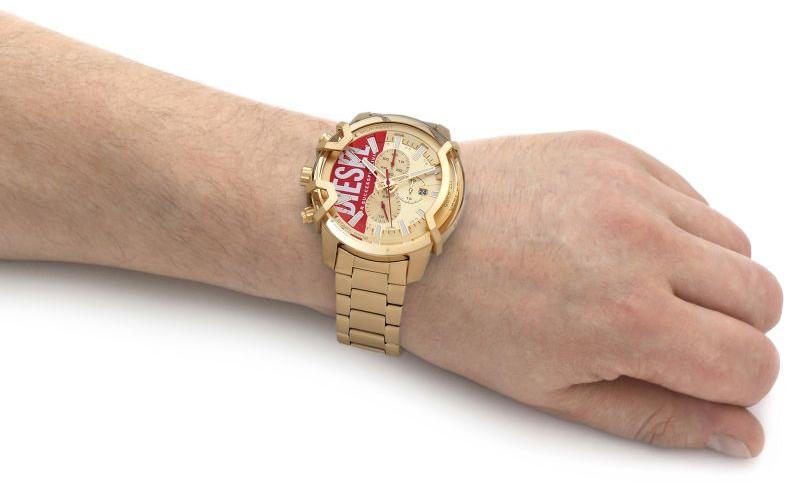 Close-up of Diesel Griffed DZ4595 watch worn on wrist showing dial and red accent detail