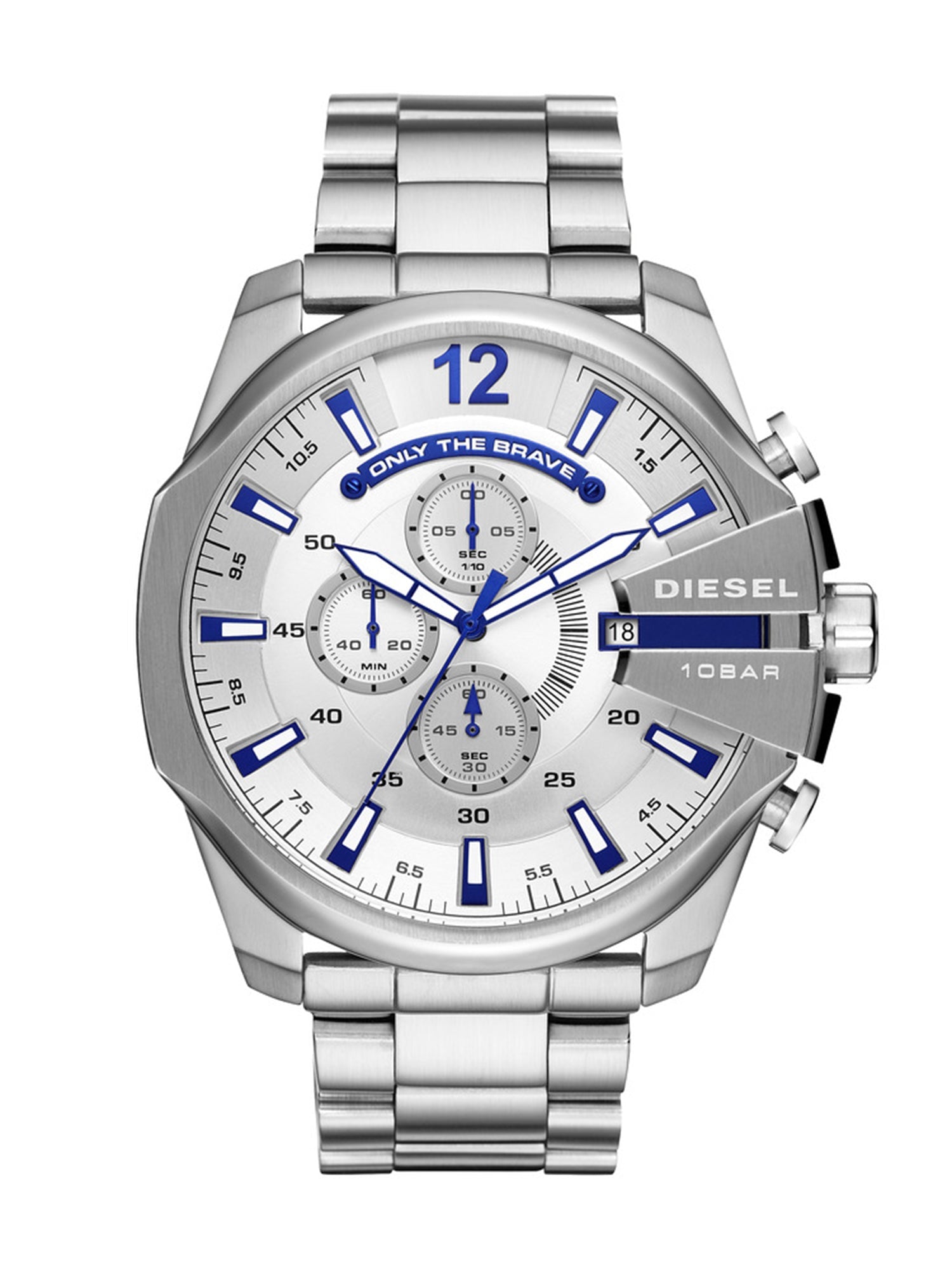 Diesel Mega Chief Chrono DZ4477 silver men's watch with white dial and blue chronograph subdials