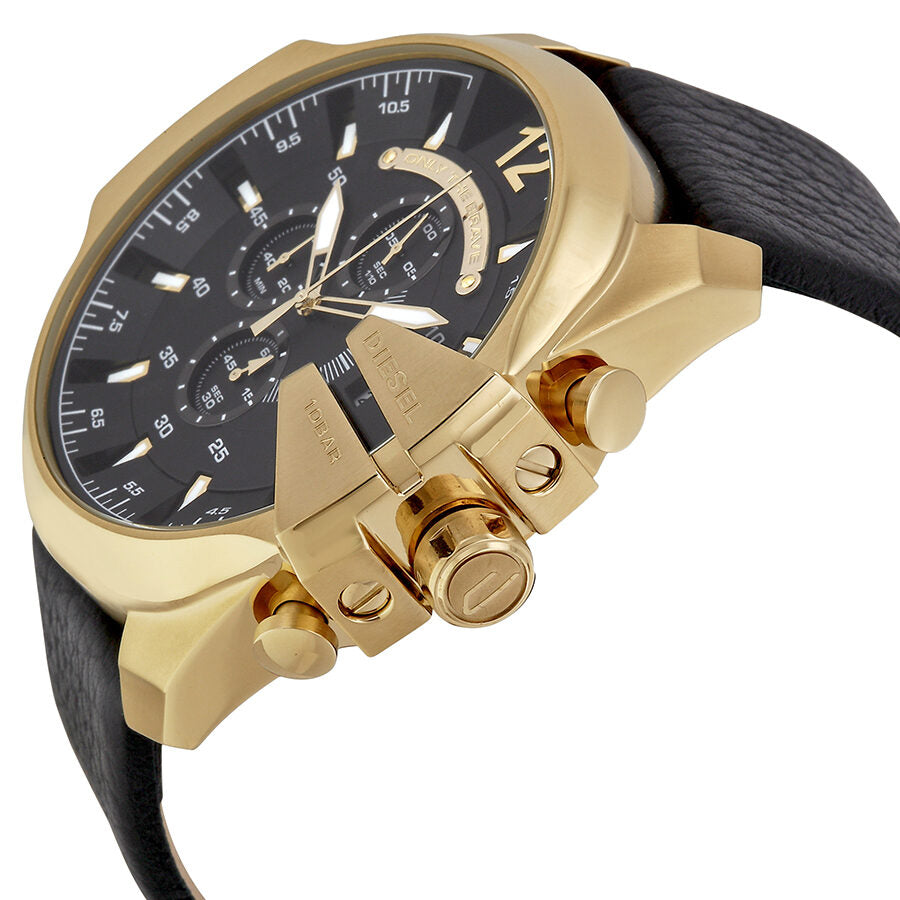 Diesel Mega Chief Gold Case Black Dial Genuine Leather Men's Watch DZ4344