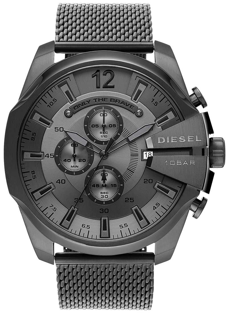 Diesel Mega Chief chronograph watch with grey dial, three subdials, and metal mesh bracelet