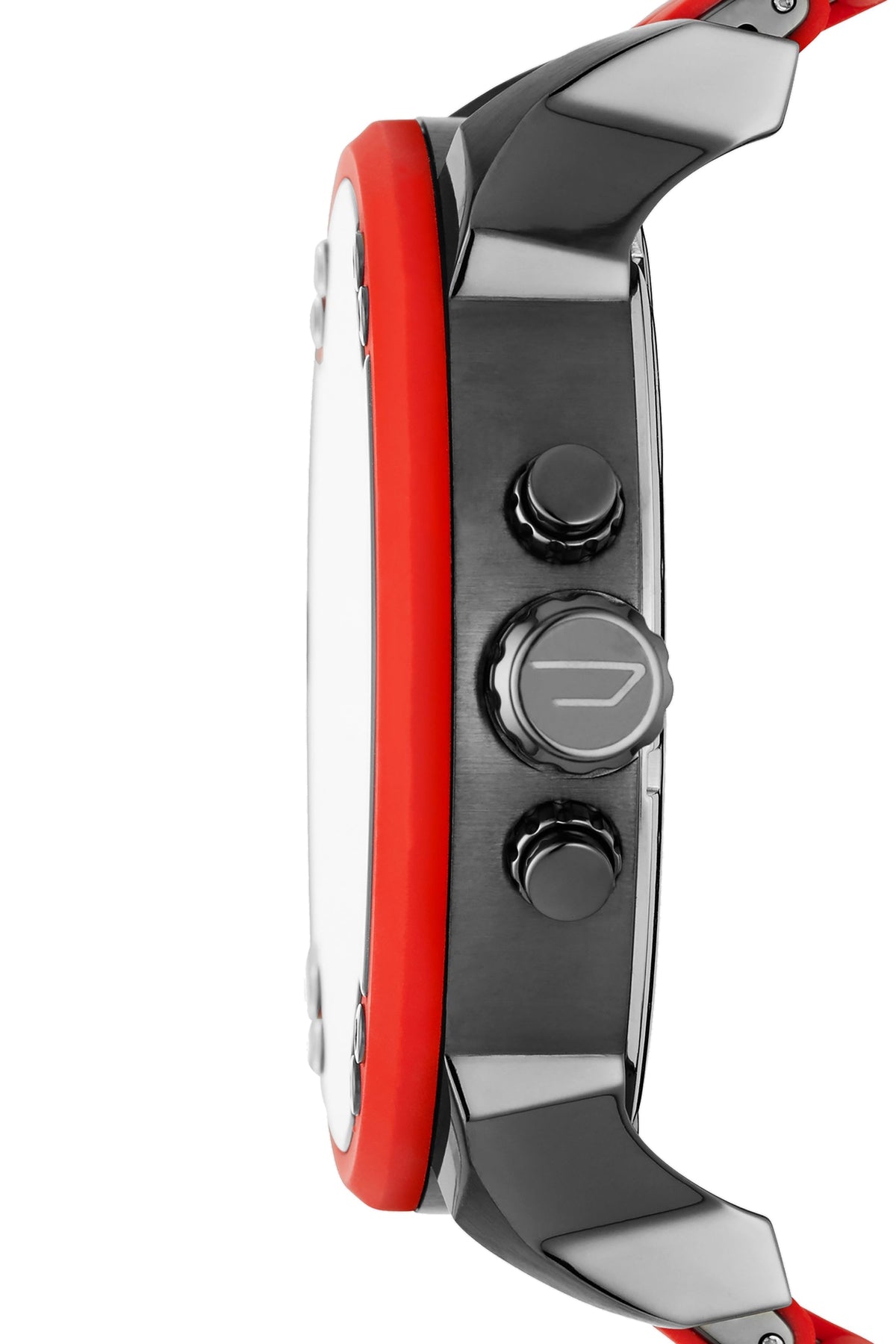 Side profile of Diesel Mr. Daddy 2.0 watch showing red strap and metal case