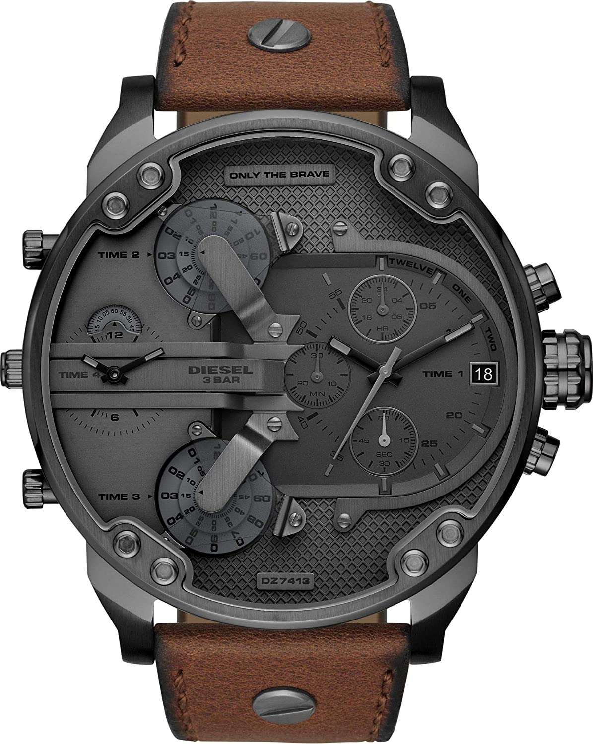 Diesel Mr. Daddy 2.0 chronograph watch with grey dial and brown leather strap, front view