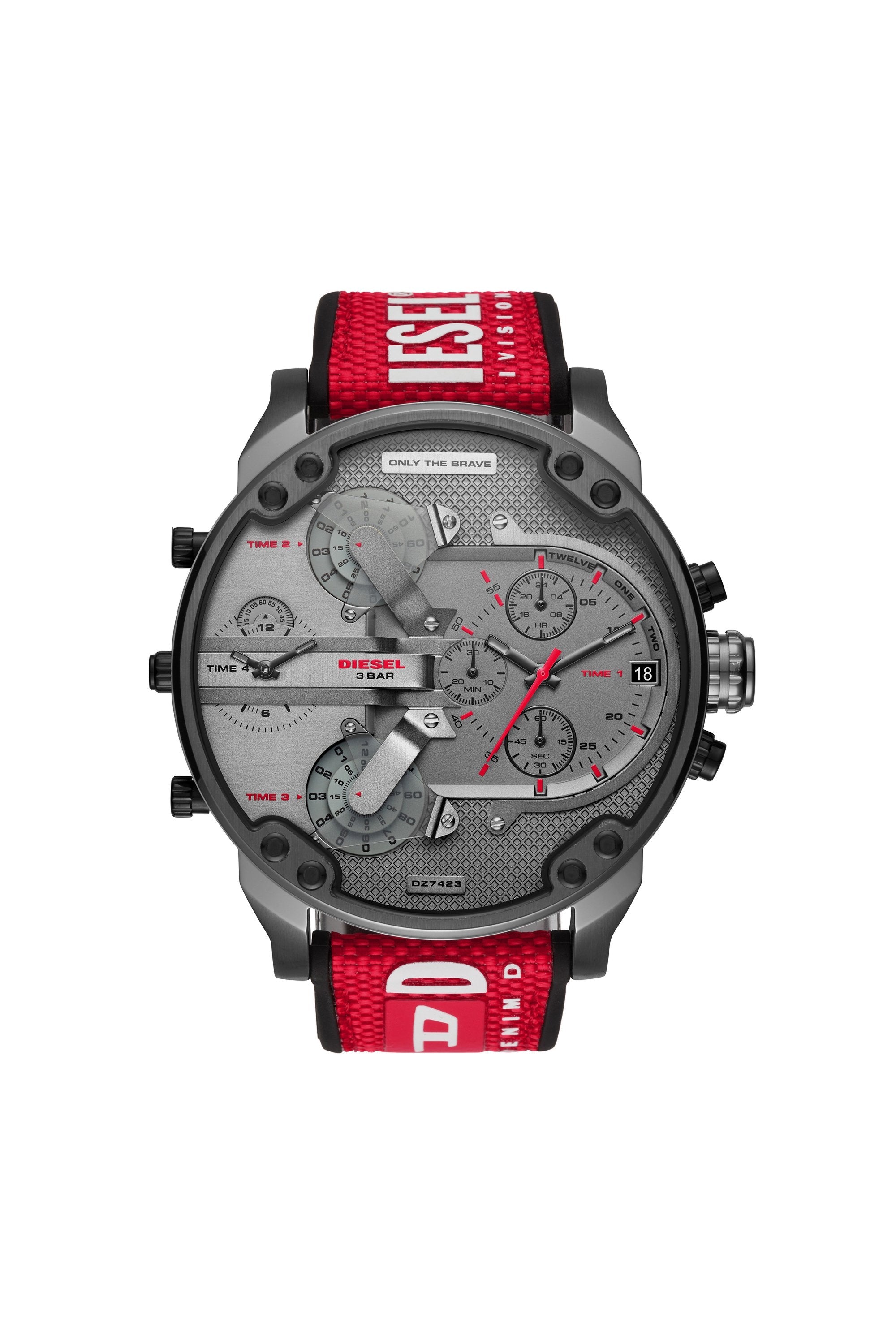 Diesel Mr. Daddy 2.0 DZ7423 gunmetal chronograph watch with red strap and dual-time dial
