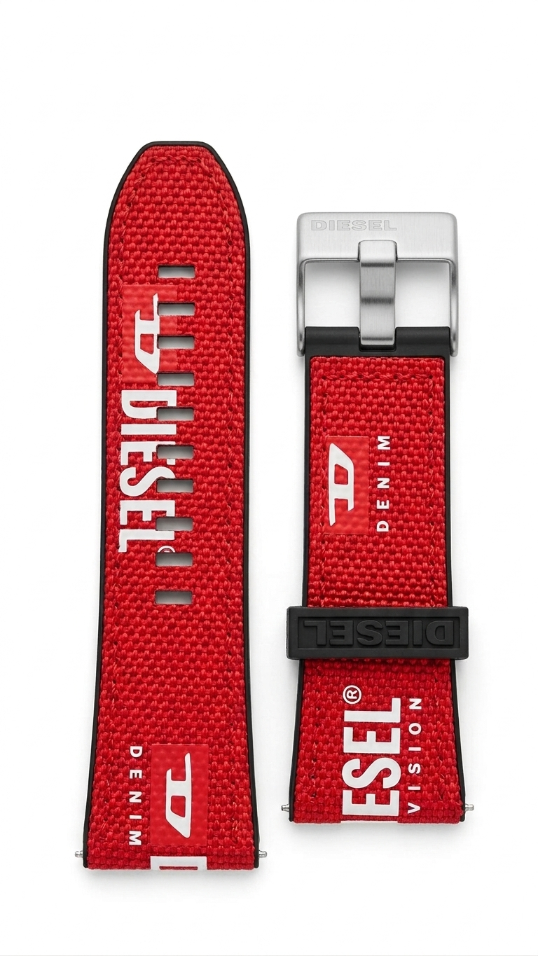 Diesel Mr. Daddy 2.0 red textile strap with metal buckle, shown full length